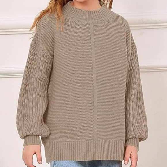 Girl's Crewneck Sweaters Kids Balloon Long Sleeve Pullover Chunky Knit Cut - Picture 2 of 5